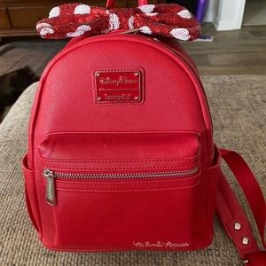 Disney Loungefly Red Minnie Mouse Mini Backpack with Sequin Polka Do Bow